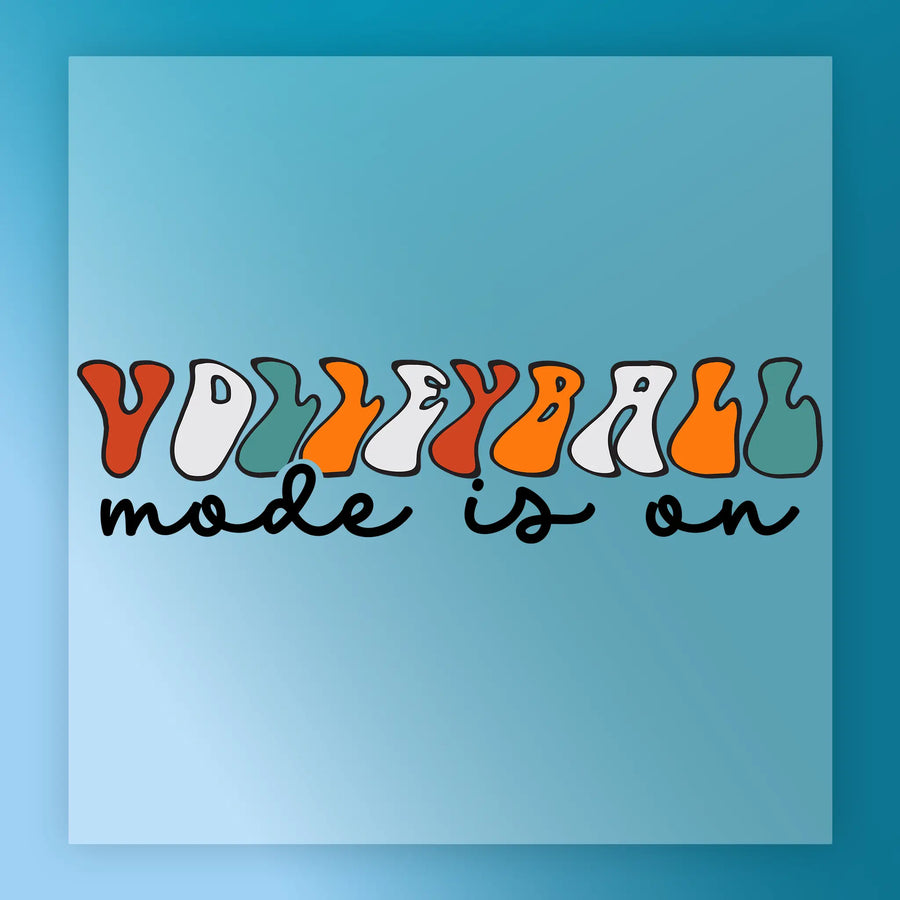 the text "Volleyball mode is on" in a stylized font, with the word "Volleyball" written in various colors and the phrase "mode is on" written in a different color.