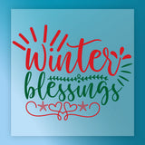 InkMerge’s Winter Blessings Festive Design - Heat Press Ready features red and green script on a light blue background with hearts, snowflakes, and lines—a cheerful DTF transfer for your winter projects.