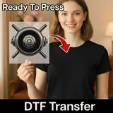 A woman holding a transparent sheet with a graphic design on it, and the text "Ready To Press" and "DTF Transfer" below the image.