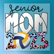 The image is a vibrant graphic design featuring the text "senior MOM 2013" with a volleyball graphic and leopard print elements.