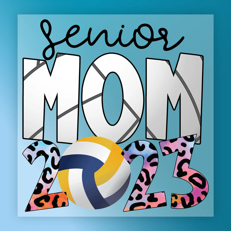 The image is a vibrant graphic design featuring the text "senior MOM 2013" with a volleyball graphic and leopard print elements.