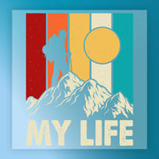 Featuring InkMerge’s Retro Vertical Stripes Design, this DTF transfer shows a hiker silhouette with a backpack on a mountain peak, framed by a large sun and stripes. "MY LIFE" is at the bottom. Precut and ready to press for easy application.