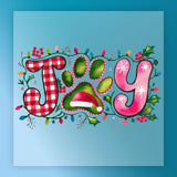 The InkMerge Joy Paw Print Santa Hat Design features "Joy" with a green paw print in a Santa hat as the "O," surrounded by holly, berries, and Christmas lights on blue—ideal for your next holiday heat press or DTF transfer project.