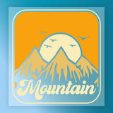 Retro-style minimalist landscape featuring three mountains, a rising sun, birds, and "Mountain" in bold script. Vibrant orange, yellow, and blue colors. Mountain Sunset Minimalist Landscape by InkMerge—DTF transfer, ready to press.