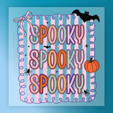 a colorful and whimsical Halloween-themed design with the text "SPOKEY SPOKEY SPOKEY" prominently displayed. The design includes various Halloween-related elements such as a bat, a pumpkin, and stars, creating a festive and spooky atmosphere.