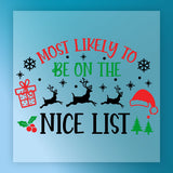 InkMerge’s Most Likely Nice List Christmas Design features snowflakes, reindeer, a gift box, Santa hat, holly, and pine trees on blue—ideal for heat press or DTF transfers.