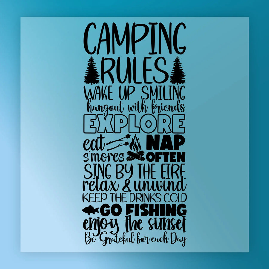 The Camping Rules Inspirational Design by InkMerge features upbeat rules like "wake up smiling" and "enjoy the sunset," perfect for a fun, adventurous shirt or DTF transfer.