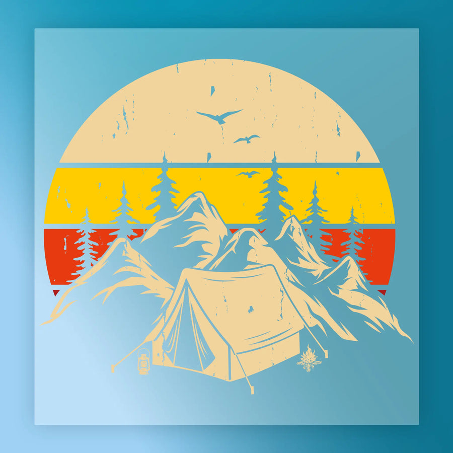 Take a Hike Vintage Mountain - Heat Press Ready by InkMerge features a camping scene with tent, lantern, campfire, mountain backdrop, and sunset sky with birds in retro colors—ideal for DTF transfer or heat press projects.