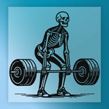 A skeleton lifting a barbell against a blue background.