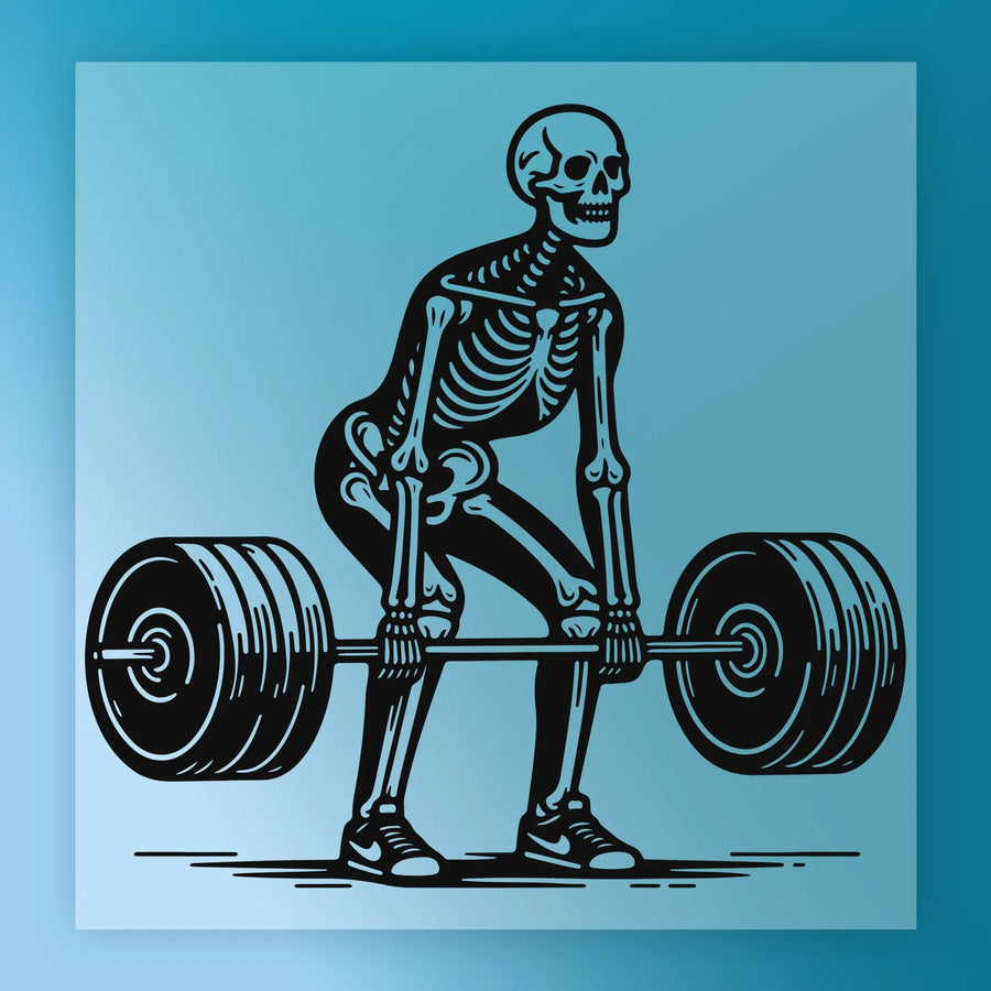 A skeleton lifting a barbell against a blue background.