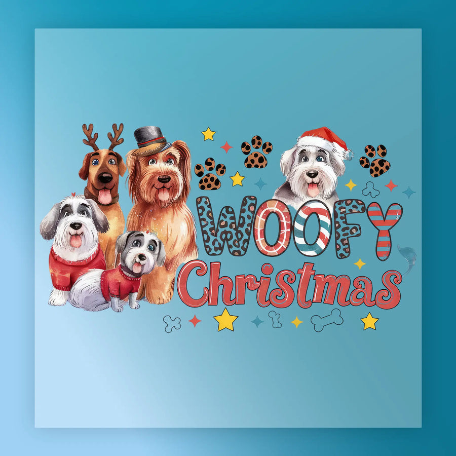 InkMerge's "Woofy Christmas Cartoon Dogs" features four festive pups in holiday attire around colorful text, with stars, bones, and paw prints on blue—ideal as a DTF transfer for custom apparel.