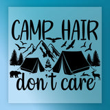 Camp Hair Don't Care Outdoor Design" by InkMerge features black silhouettes of tents, pine trees, mountains, birds, a bear, a campfire, and a deer on a blue background—the perfect DTF transfer for your next heat press project!.