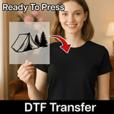 A woman holding a transparent sheet with a graphic of a tent and pine trees, with a red arrow pointing to the tent.