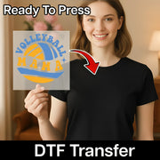 A smiling woman holding a sign with a volleyball logo on it, with a red arrow pointing to the sign.