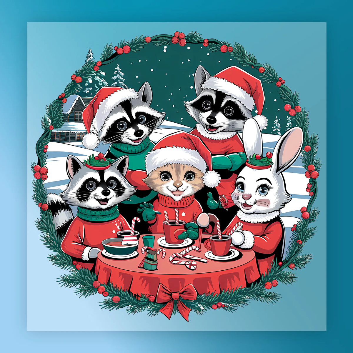 Four adorable animals—a cat, two raccoons, and a rabbit—enjoy hot chocolate outdoors at a red table in the InkMerge Festive Animal Friends Christmas Scene DTF transfer, surrounded by snow, a holiday wreath, and a festive house.