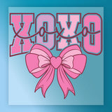 a pink bow with a heart symbol, accompanied by the text "XOXO" in a stylized font.