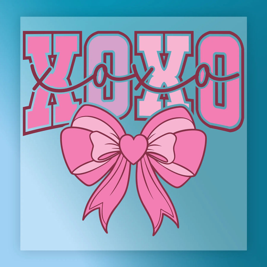 a pink bow with a heart symbol, accompanied by the text "XOXO" in a stylized font.