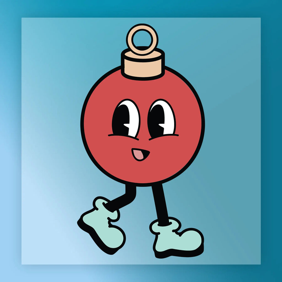 The Cartoon Christmas Ornament Character by InkMerge features cartoon eyes, a smiling mouth, and blue boots, walking on a blue gradient—ideal for custom apparel or DTF transfer designs.
