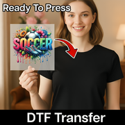 A smiling woman holding a sign with a colorful soccer-themed design, with a red arrow pointing to the sign.