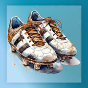 A pair of worn and dirty soccer cleats with a distinctive pattern on the sole, set against a blue background.