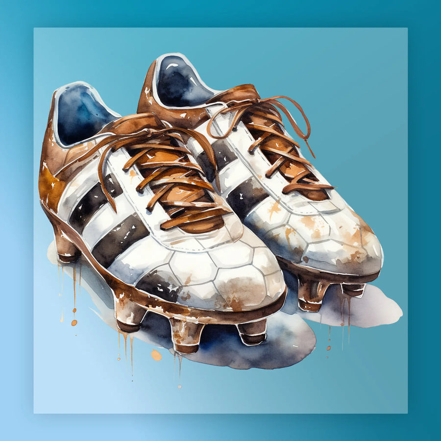 A pair of worn and dirty soccer cleats with a distinctive pattern on the sole, set against a blue background.