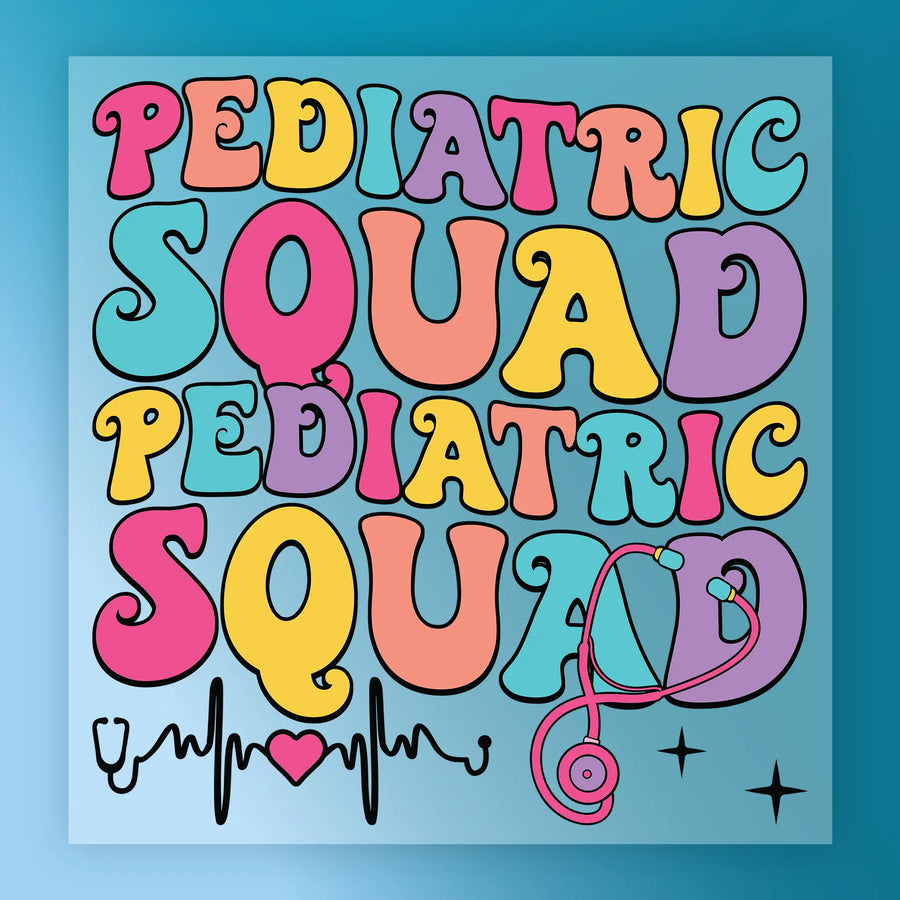 The image is a colorful and playful graphic design featuring the words "PEDIATRIC SQUAD PEDIATRIC SQUAD" in a stylized font, with a stethoscope symbol and a heart icon below the text.