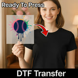 A woman is holding up a clear plastic sheet with a colorful baseball design on it, and there is text overlay that says "Ready To Press" and "DTF Transfer".