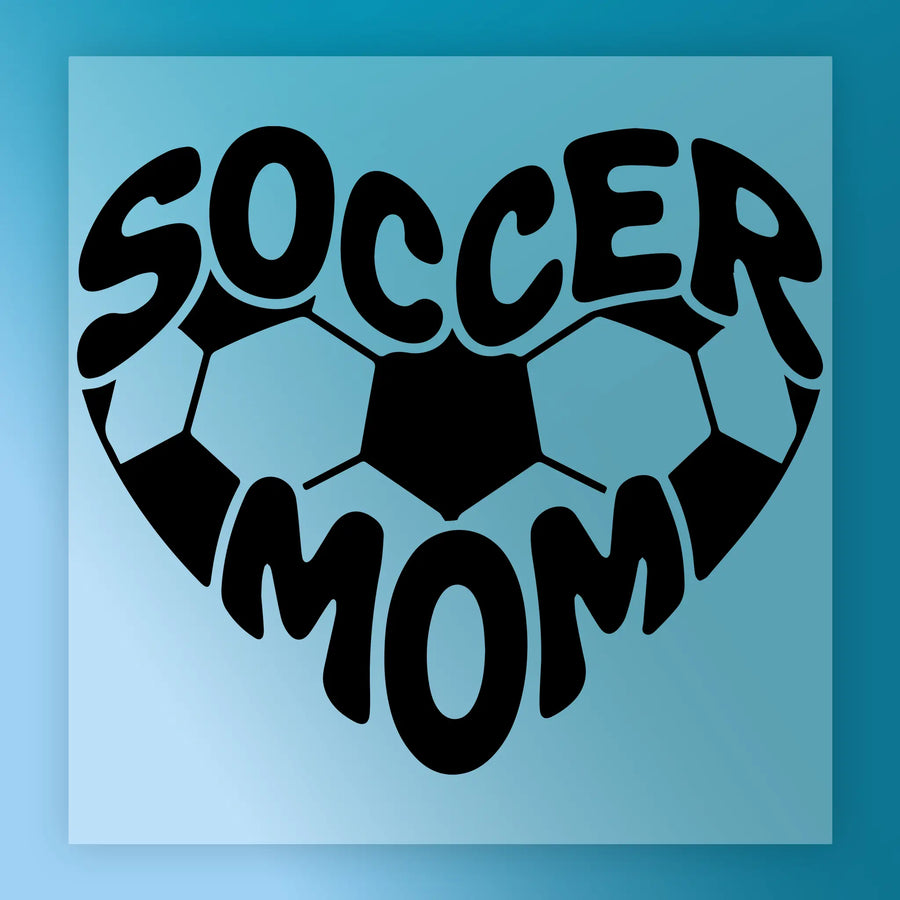 a heart-shaped design with the words "SOCCER MOM" written inside it, all in black text against a blue background.