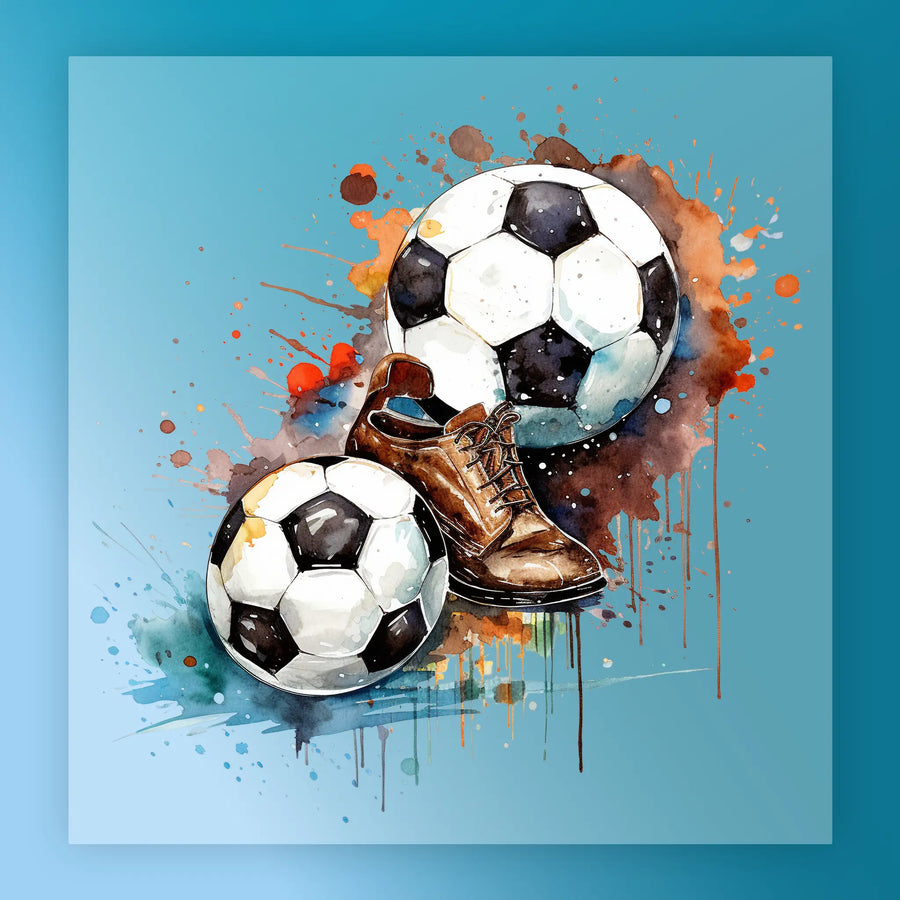 a pair of soccer balls and a pair of brown shoes, with splashes of color and paint surrounding them, creating a vibrant and dynamic scene.