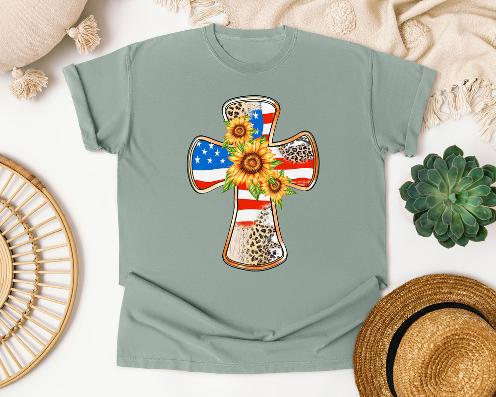 Patriotic Cross Sunflower Leopard graphic tee in Bay Comfort Colors 1717