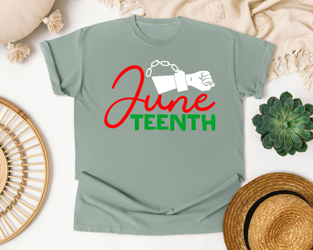 Juneteenth Chain Cuff Script graphic tee in Bay Comfort Colors 1717
