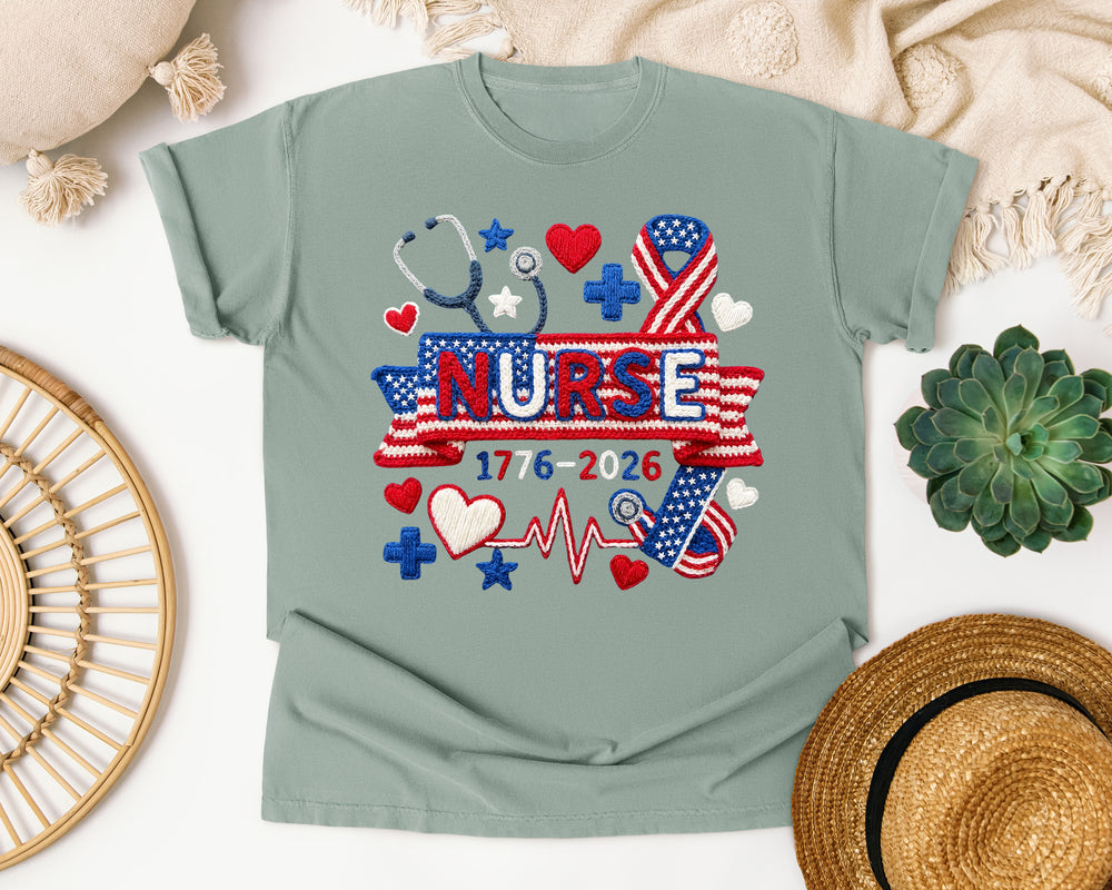 Patriotic Nurse 1776 2026 graphic tee in Bay Comfort Colors 1717