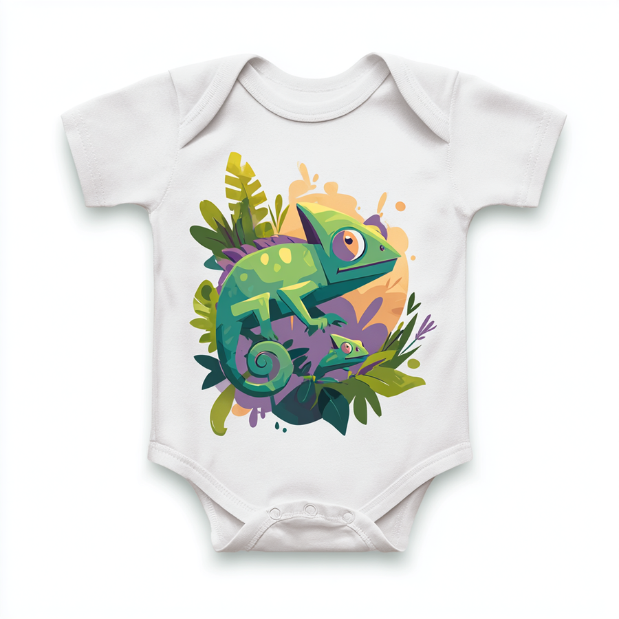 The InkMerge Custom Baby Body Suit is a white infant onesie with a vibrant cartoon chameleon among green leaves and plants, highlighted by playful purple and yellow accents.