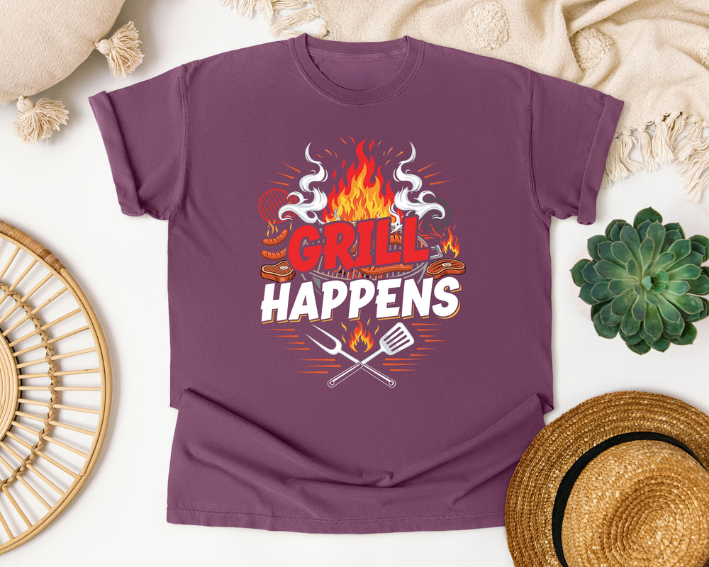 Grill Happens Funny BBQ graphic tee in Berry Comfort Colors 1717