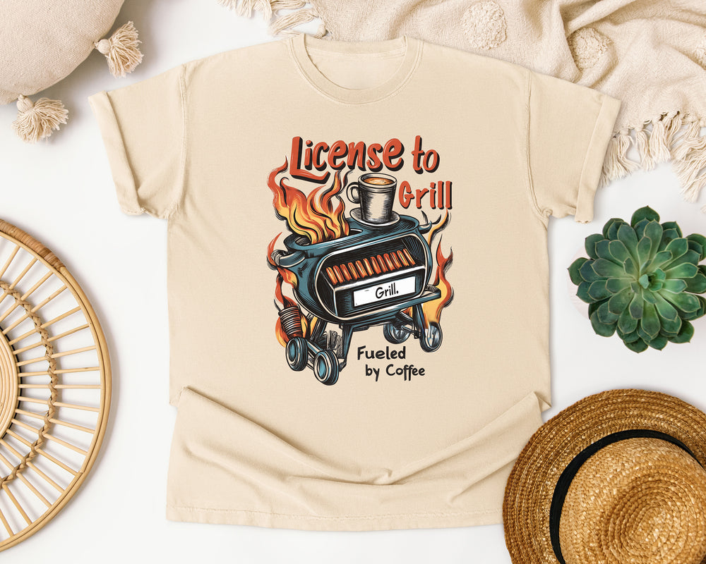 License To Grill Fueled By Coffee graphic tee in Ivory Comfort Colors 1717