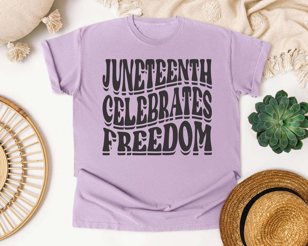 Juneteenth Celebrates Freedom graphic tee in Orchid Comfort Colors 1717