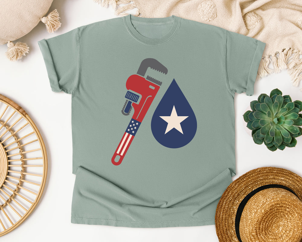 Patriotic Pipe Wrench Water Drop graphic tee in Bay Comfort Colors 1717