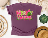 Candy Stripe Merry Christmas graphic tee in Berry Comfort Colors 1717