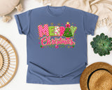 Candy Stripe Merry Christmas graphic tee in Blue Jean Comfort Colors 1717
