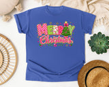 Candy Stripe Merry Christmas graphic tee in Flo Blue Comfort Colors 1717