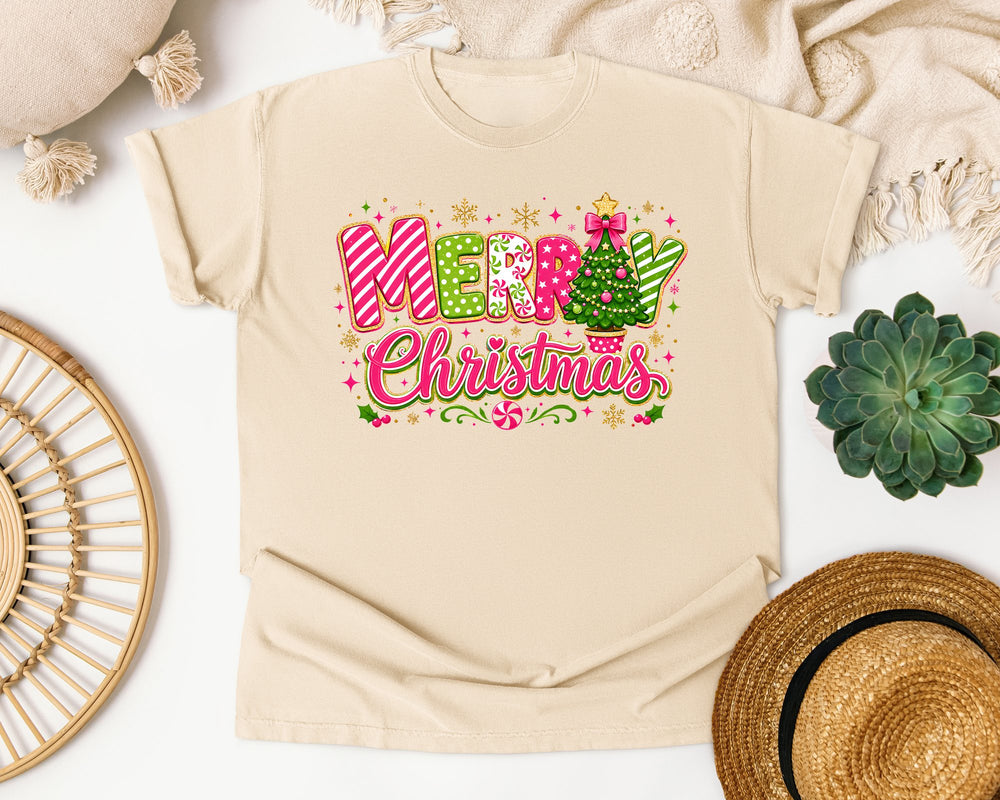 Candy Stripe Merry Christmas graphic tee in Ivory Comfort Colors 1717