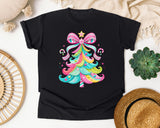 Pink Bow Candy Christmas Tree graphic tee in Black Comfort Colors 1717