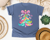 Pink Bow Candy Christmas Tree graphic tee in Blue Jean Comfort Colors 1717