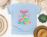 Pink Bow Candy Christmas Tree graphic tee in Chambray Comfort Colors 1717
