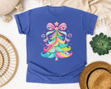 Pink Bow Candy Christmas Tree graphic tee in Flo Blue Comfort Colors 1717