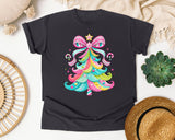 Pink Bow Candy Christmas Tree graphic tee in Graphite Comfort Colors 1717