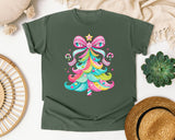 Pink Bow Candy Christmas Tree graphic tee in Moss Comfort Colors 1717