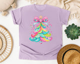 Pink Bow Candy Christmas Tree graphic tee in Orchid Comfort Colors 1717