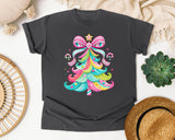 Pink Bow Candy Christmas Tree graphic tee in Pepper Comfort Colors 1717