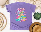 Pink Bow Candy Christmas Tree graphic tee in Violet Comfort Colors 1717